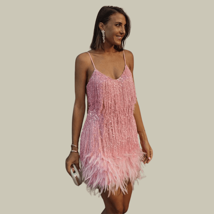 Minikleid Abend Federbesatz | Partykleid Tailliert Festlich | Kurzes Abendkleid Damen