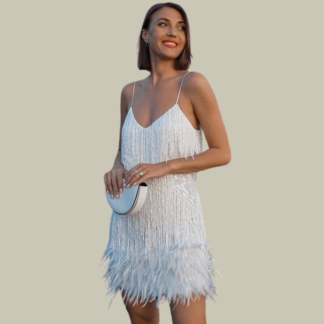 Minikleid Abend Federbesatz | Partykleid Tailliert Festlich | Kurzes Abendkleid Damen