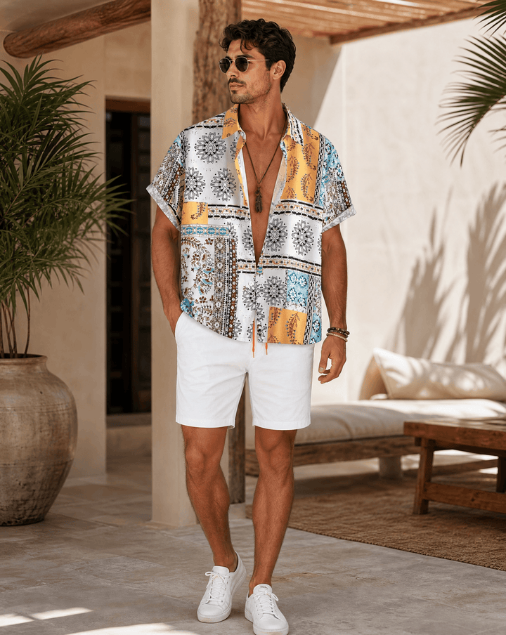 Herren Set Print Shorts | Zweiteiler Urlaub Bunt | Sommeroutfit Hemd Mehrfarbig Resort