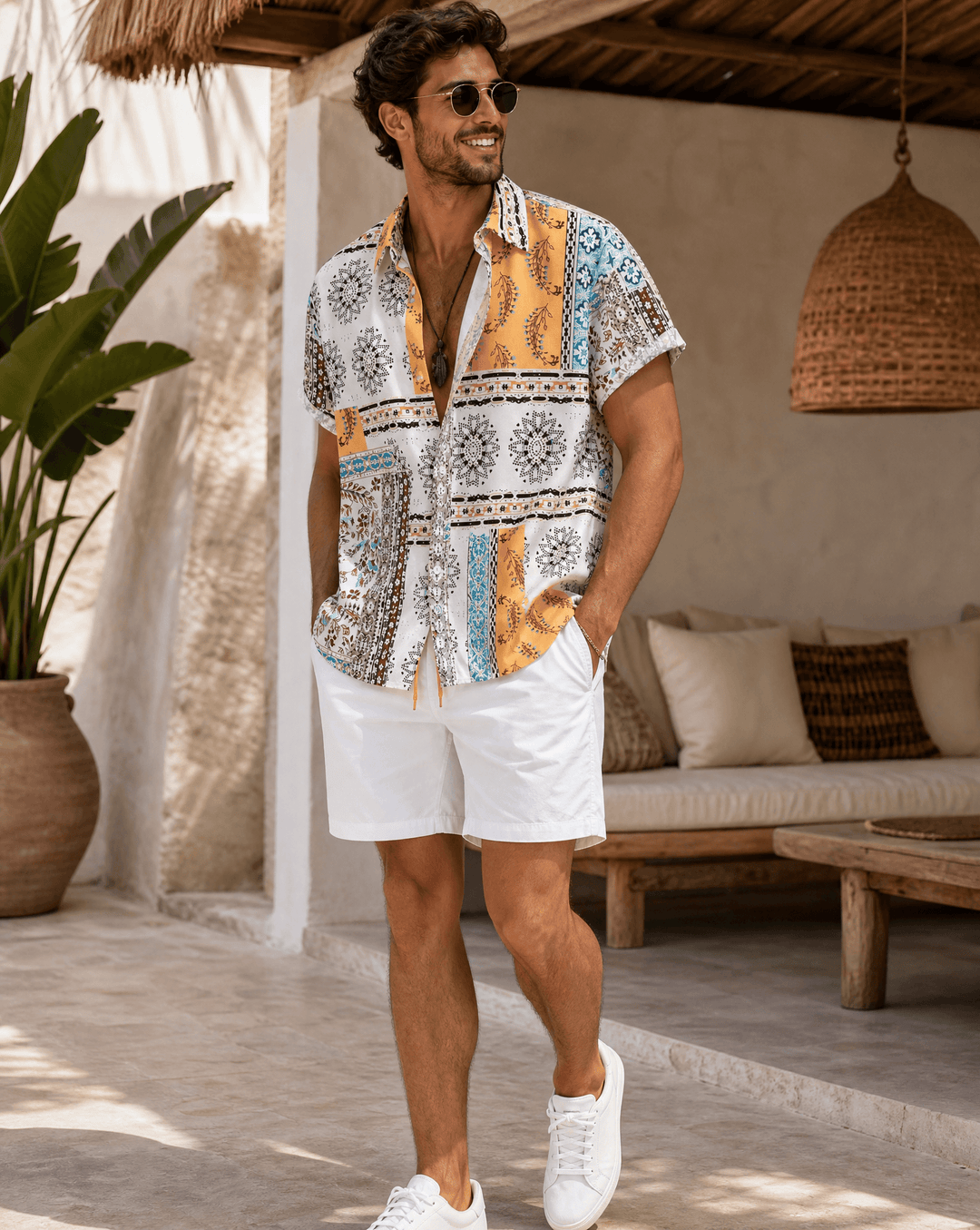 Herren Set Print Shorts | Zweiteiler Urlaub Bunt | Sommeroutfit Hemd Mehrfarbig Resort