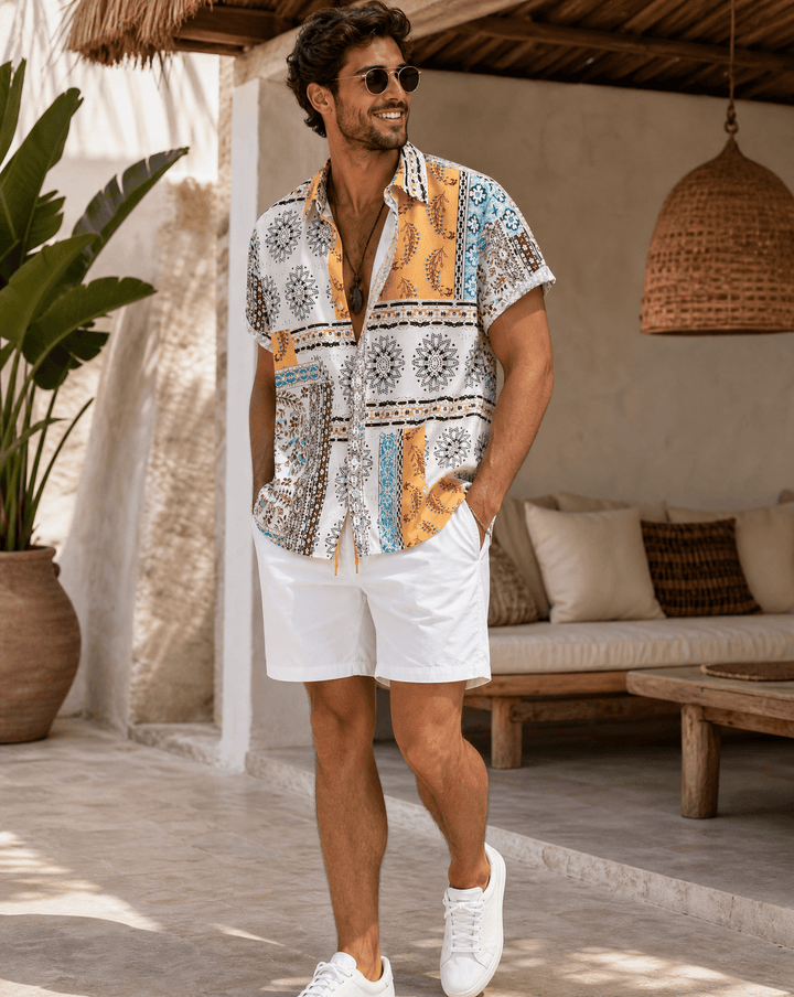 Herren Set Print Shorts | Zweiteiler Urlaub Bunt | Sommeroutfit Hemd Mehrfarbig Resort