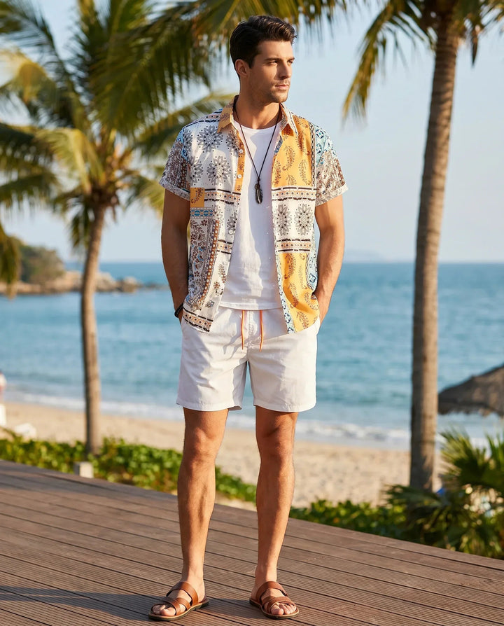Herren Set Print Shorts | Zweiteiler Urlaub Bunt | Sommeroutfit Hemd Mehrfarbig Resort