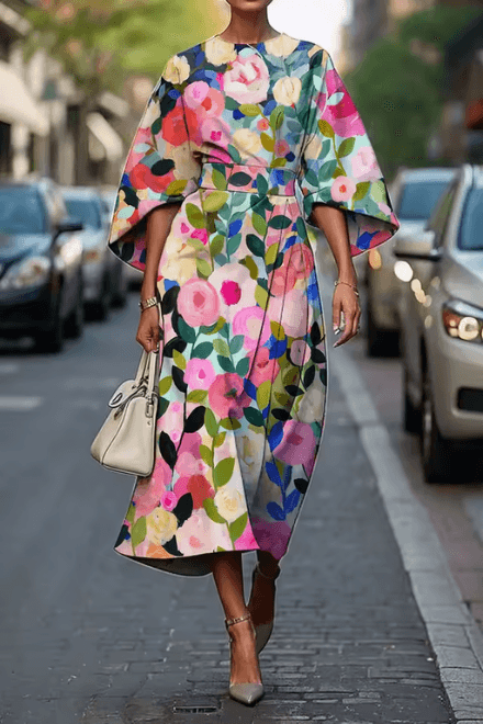Hochzeitsgast Kleid Damen Blumen | Midikleid Damen Gegurtet Taille | Festliches Kleid Damen Kimonoärmel
