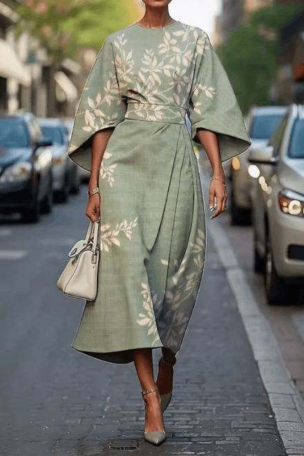Hochzeitsgast Kleid Damen Blumen | Midikleid Damen Gegurtet Taille | Festliches Kleid Damen Kimonoärmel