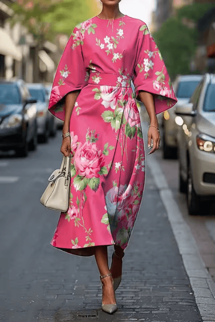 Hochzeitsgast Kleid Damen Blumen | Midikleid Damen Gegurtet Taille | Festliches Kleid Damen Kimonoärmel
