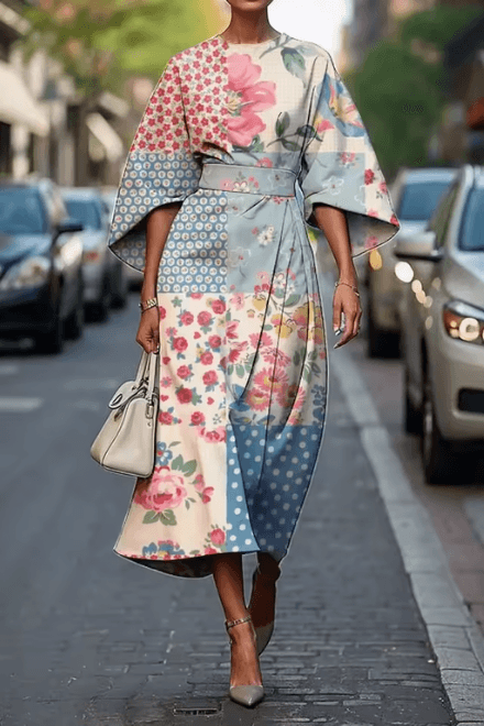 Hochzeitsgast Kleid Damen Blumen | Midikleid Damen Gegurtet Taille | Festliches Kleid Damen Kimonoärmel