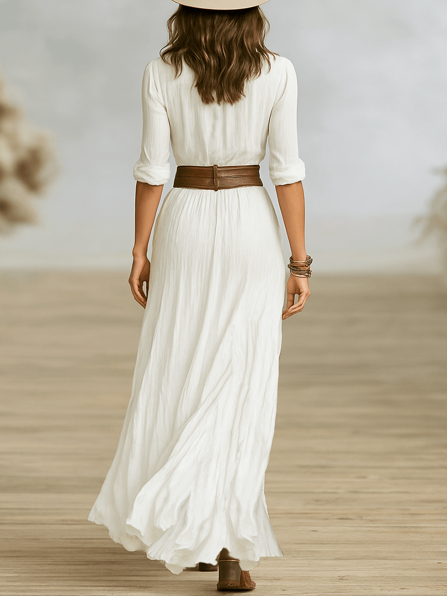 Hemdblusenkleid Damen Maxi | Knopfleiste Schalkragen Gürtel | Sommerkleid Elegant Bodenlang