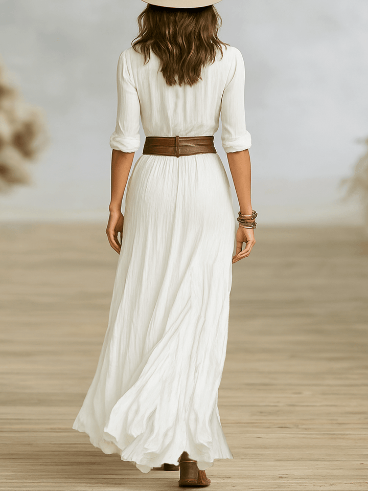 Hemdblusenkleid Damen Maxi | Knopfleiste Schalkragen Gürtel | Sommerkleid Elegant Bodenlang