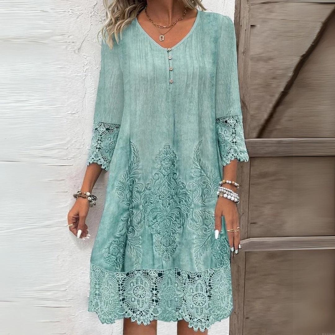 Midi Kleid Damen Denim Spitze | Jeanskleid Damen Häkeldetail | Kleid Damen Midi Stickerei