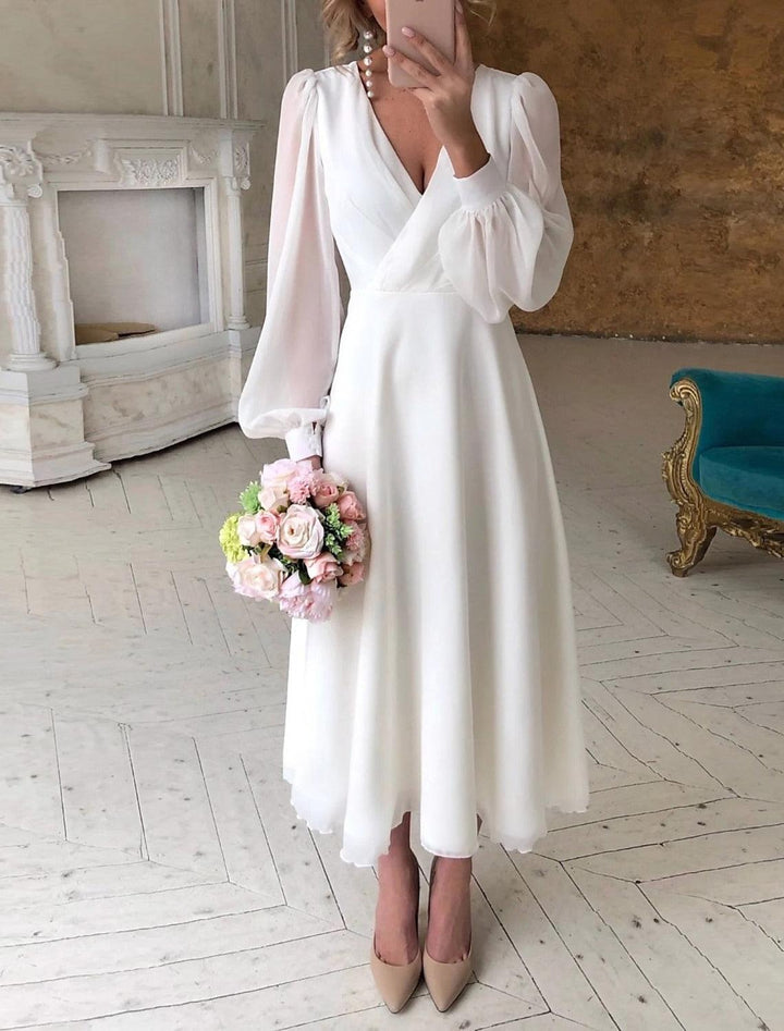 Hochzeitskleid Standesamt Weiss | Midikleid Puffelärmel Elegant | Brautkleid V-Ausschnitt Klassisch