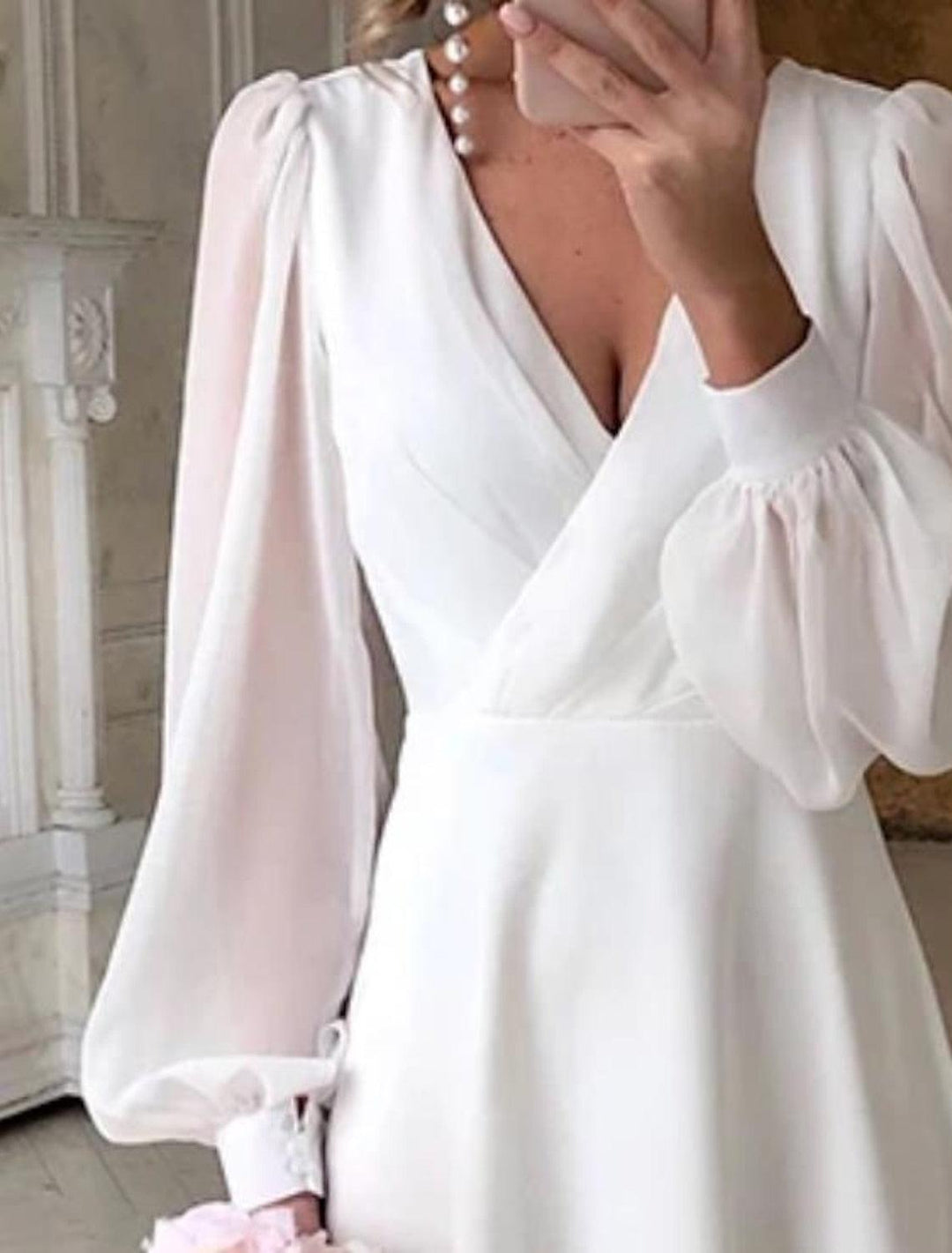 Hochzeitskleid Standesamt Weiss | Midikleid Puffelärmel Elegant | Brautkleid V-Ausschnitt Klassisch