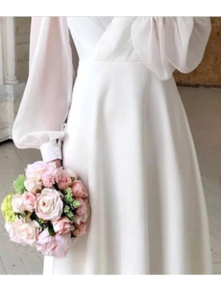 Hochzeitskleid Standesamt Weiss | Midikleid Puffelärmel Elegant | Brautkleid V-Ausschnitt Klassisch