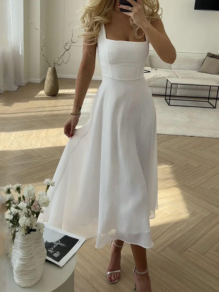 Cocktailkleid Damen A-Linie | Midirock Kleid Damen Eckiger Ausschnitt | Festkleid Damen Weiss Schwarz