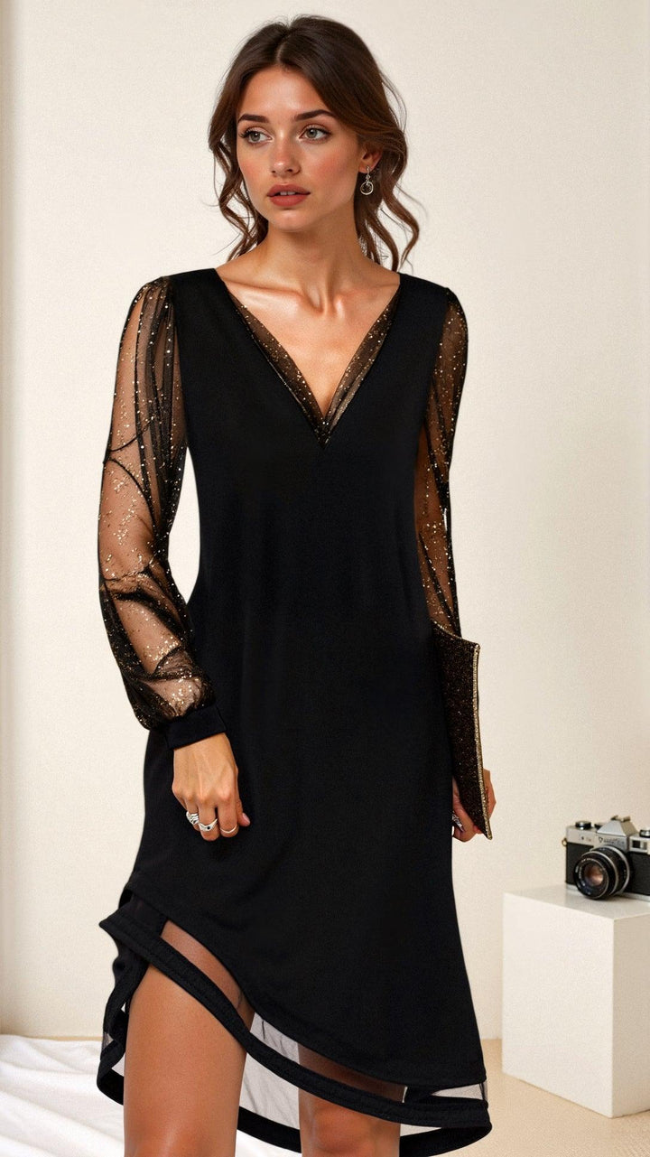 Cocktailkleid Schwarz Damen | Minikleid mit Transparentärmeln | Kleines Schwarzes Elegant