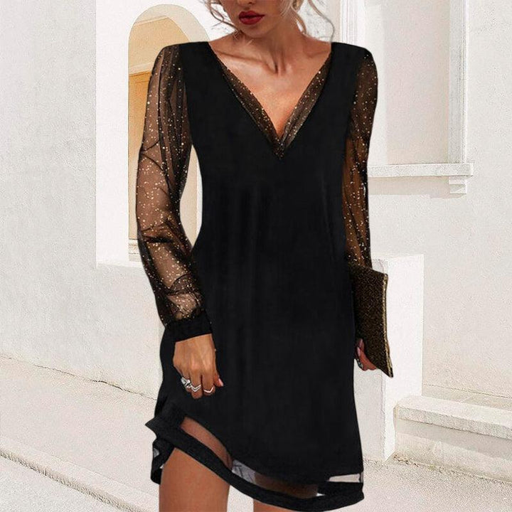 Cocktailkleid Schwarz Damen | Minikleid mit Transparentärmeln | Kleines Schwarzes Elegant
