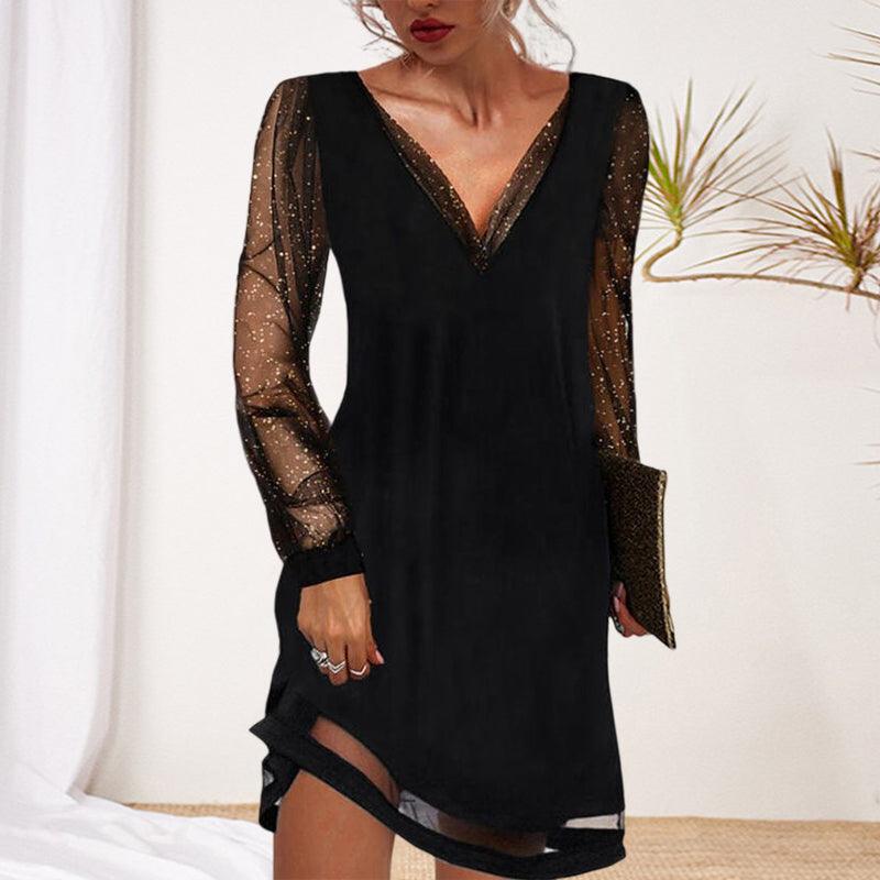 Cocktailkleid Schwarz Damen | Minikleid mit Transparentärmeln | Kleines Schwarzes Elegant