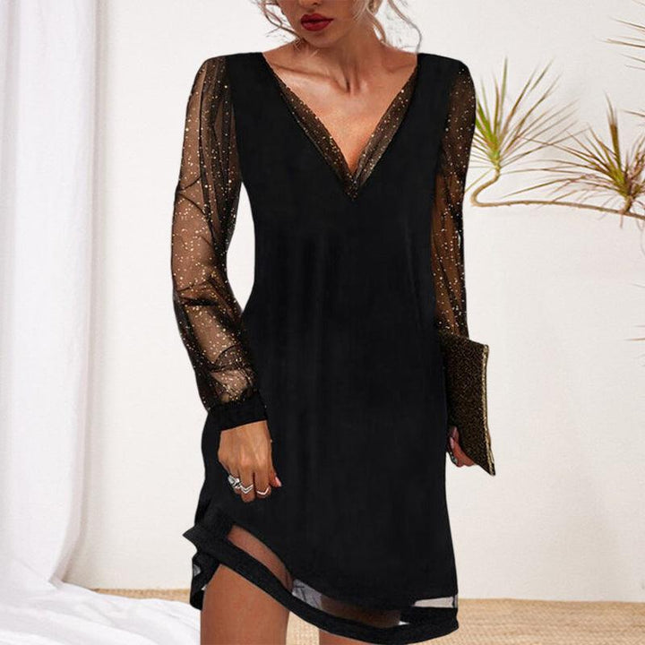 Cocktailkleid Schwarz Damen | Minikleid mit Transparentärmeln | Kleines Schwarzes Elegant