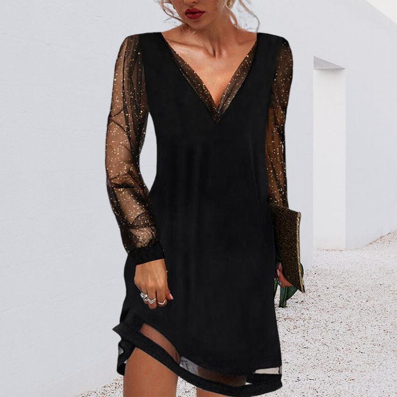 Cocktailkleid Schwarz Damen | Minikleid mit Transparentärmeln | Kleines Schwarzes Elegant