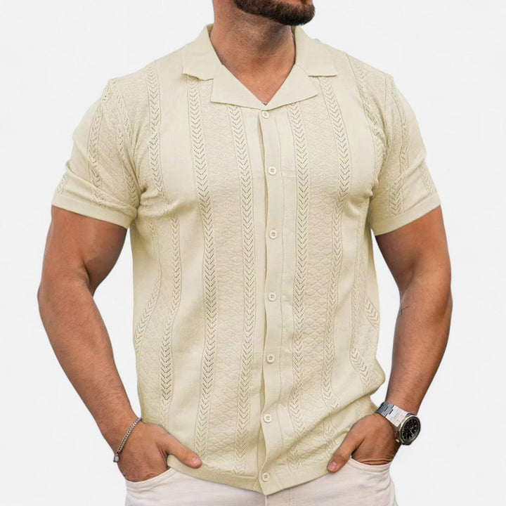 Poloshirt Herren Cuba-Kragen | Männer Strickpolo Chevron | Schmales Sommerpolo Lochmuster