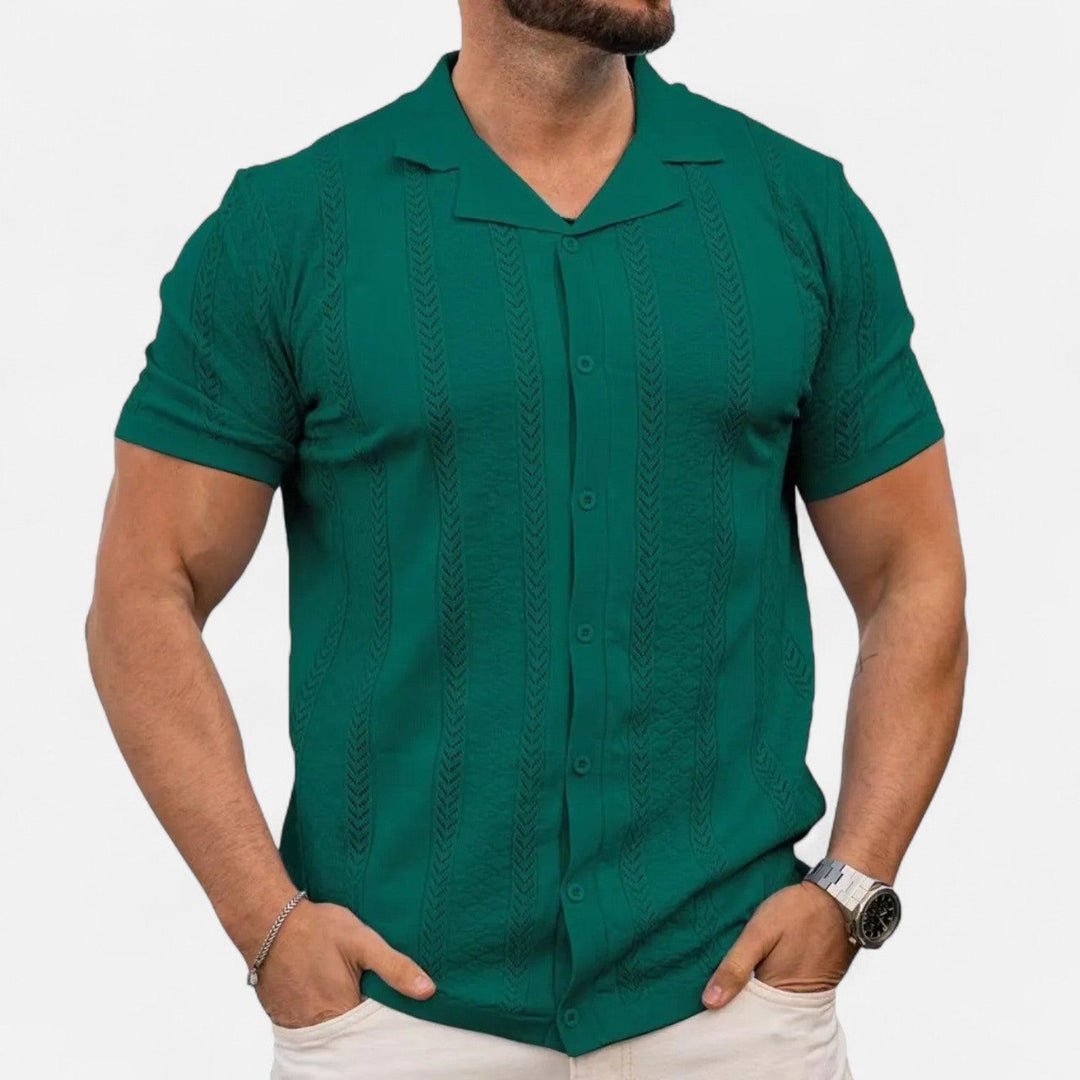 Poloshirt Herren Cuba-Kragen | Männer Strickpolo Chevron | Schmales Sommerpolo Lochmuster