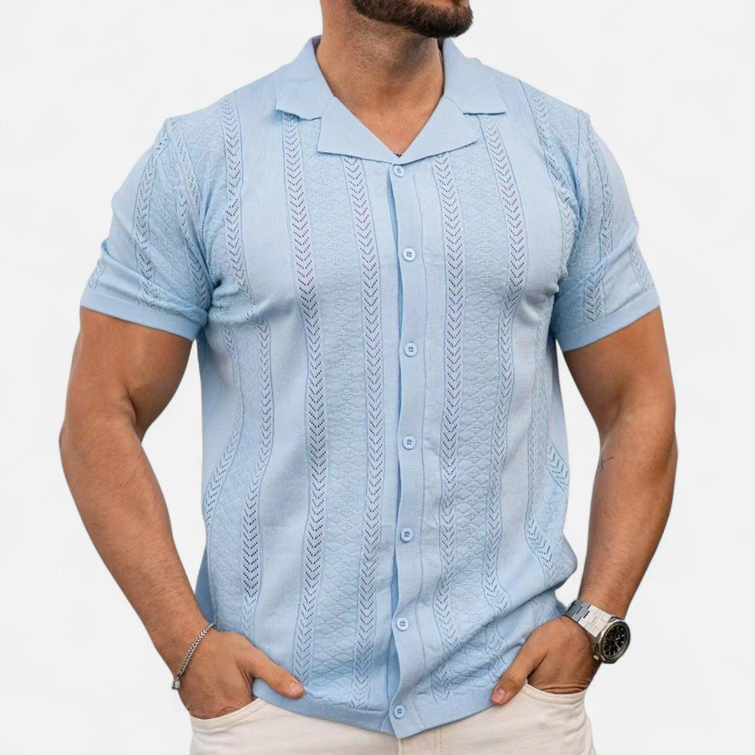 Poloshirt Herren Cuba-Kragen | Männer Strickpolo Chevron | Schmales Sommerpolo Lochmuster
