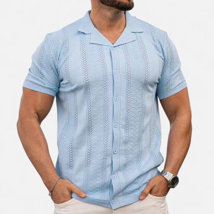 Poloshirt Herren Cuba-Kragen | Männer Strickpolo Chevron | Schmales Sommerpolo Lochmuster