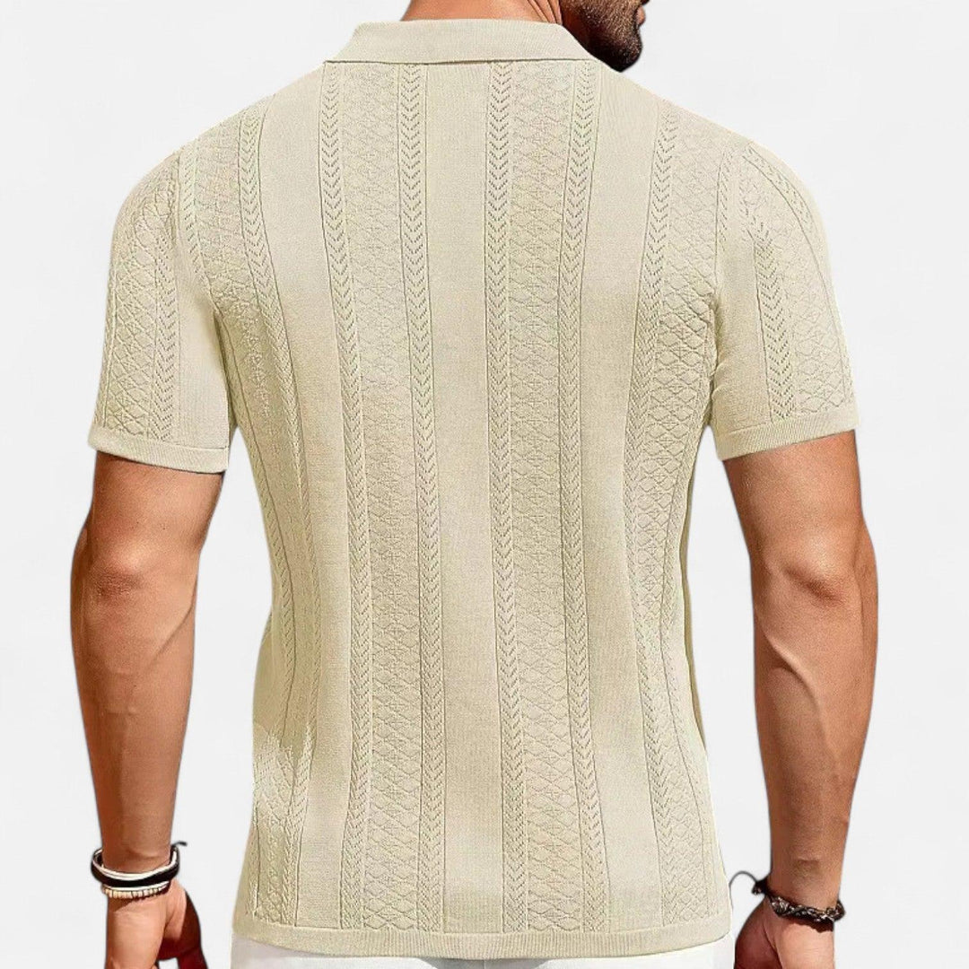 Poloshirt Herren Cuba-Kragen | Männer Strickpolo Chevron | Schmales Sommerpolo Lochmuster