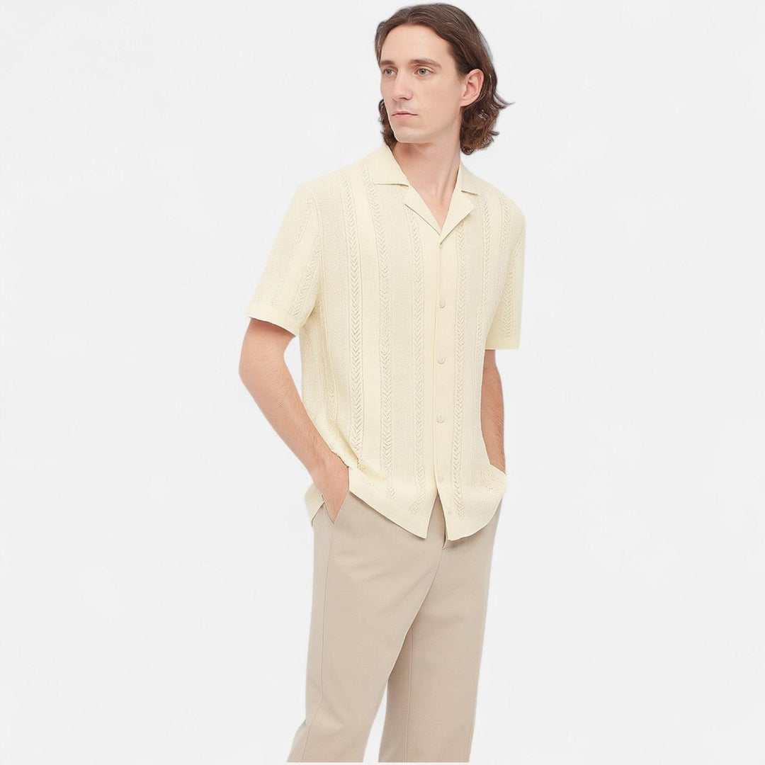 Poloshirt Herren Cuba-Kragen | Männer Strickpolo Chevron | Schmales Sommerpolo Lochmuster