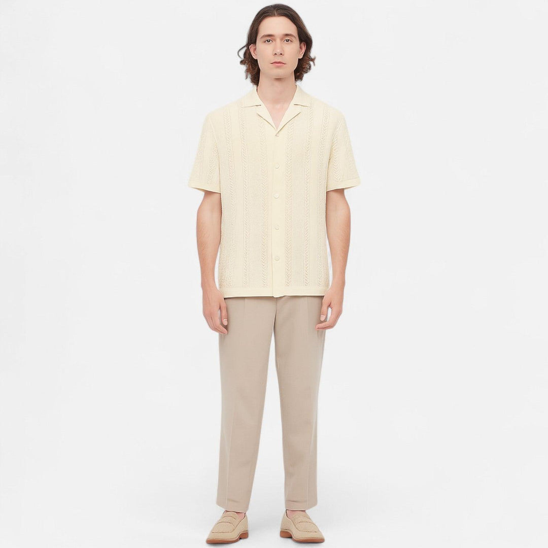 Poloshirt Herren Cuba-Kragen | Männer Strickpolo Chevron | Schmales Sommerpolo Lochmuster