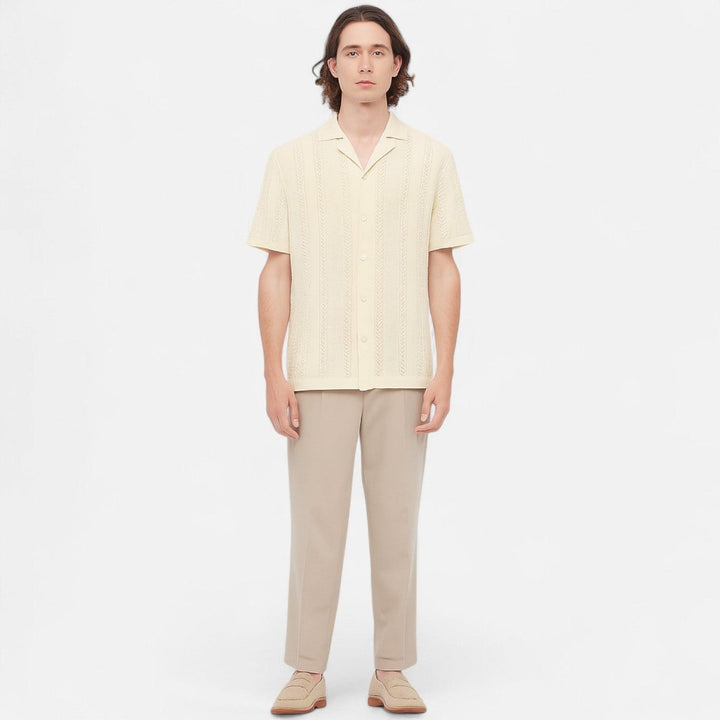 Poloshirt Herren Cuba-Kragen | Männer Strickpolo Chevron | Schmales Sommerpolo Lochmuster