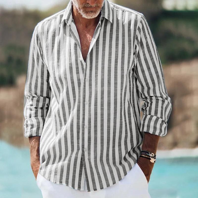 Hemd Herren Streifen Langarm | Männer Freizeithemd Leicht | Casual Shirt Vertikal Gestreift