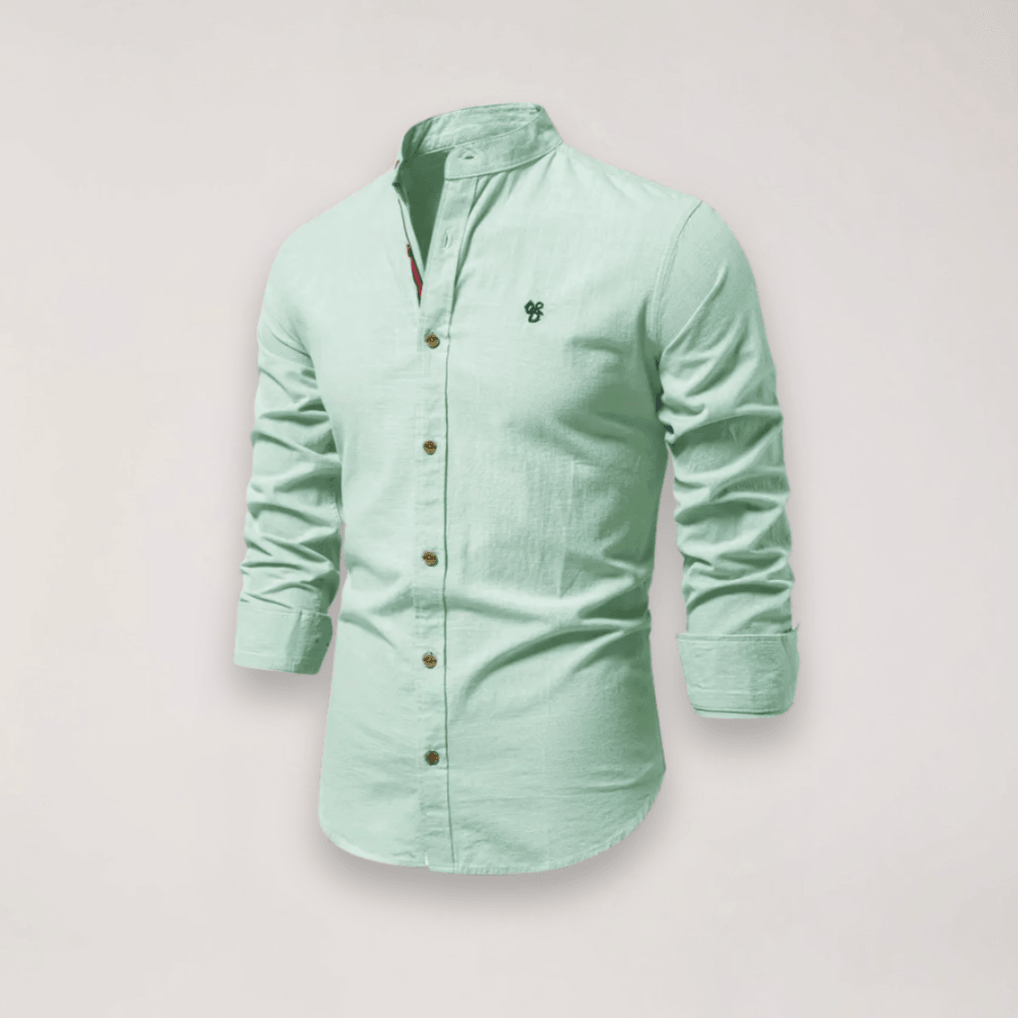 Hemd Herren Stehkragen Stickerei | Männer Langarmhemd Edel | Smart Casual Knopfhemd Einfarbig