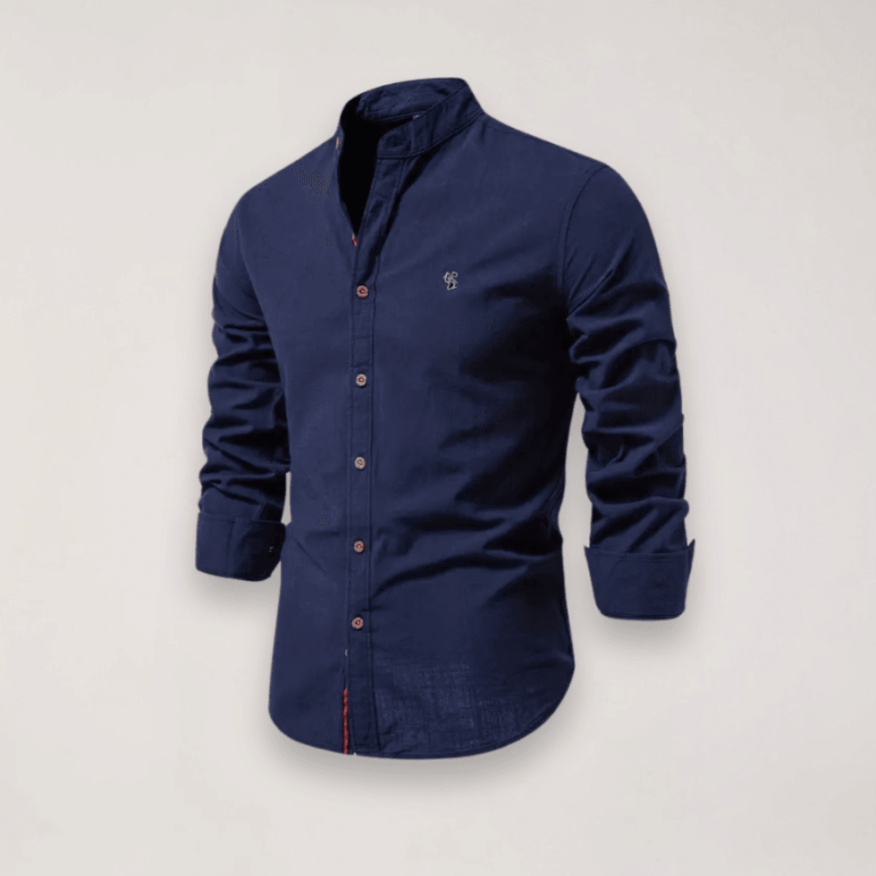 Hemd Herren Stehkragen Stickerei | Männer Langarmhemd Edel | Smart Casual Knopfhemd Einfarbig