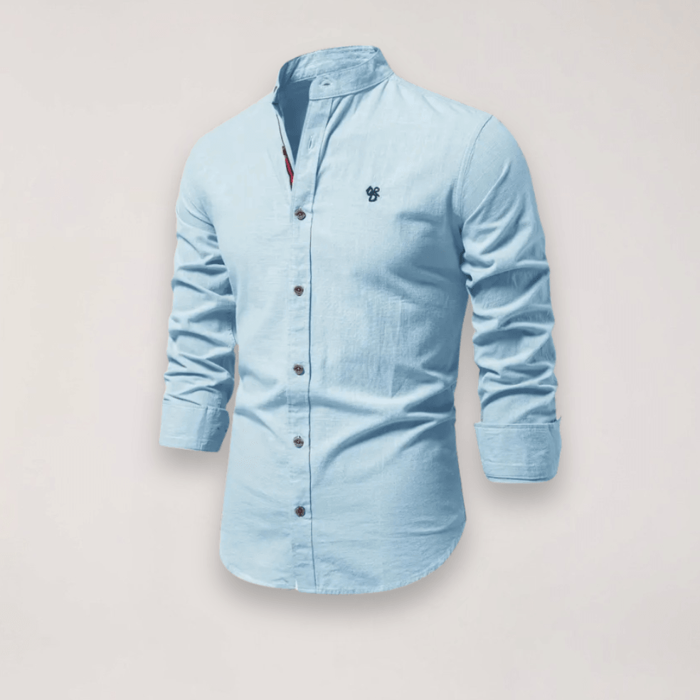 Hemd Herren Stehkragen Stickerei | Männer Langarmhemd Edel | Smart Casual Knopfhemd Einfarbig