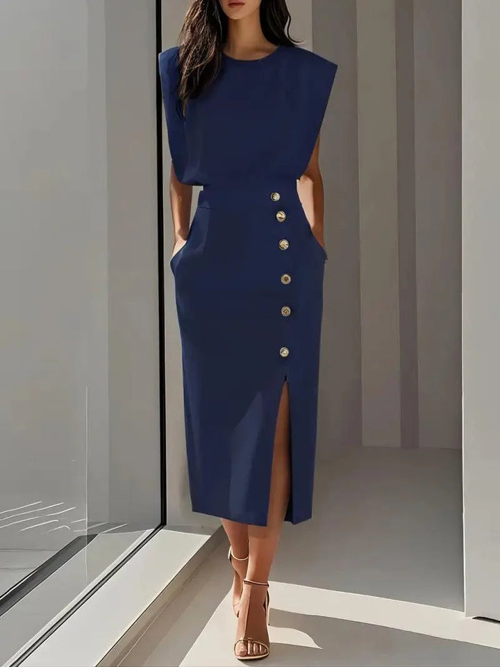 Bleistiftkleid Damen Midi Knöpfe | Ärmellos Kleid Damen Strukturiert | Kleider Damen Elegant Business