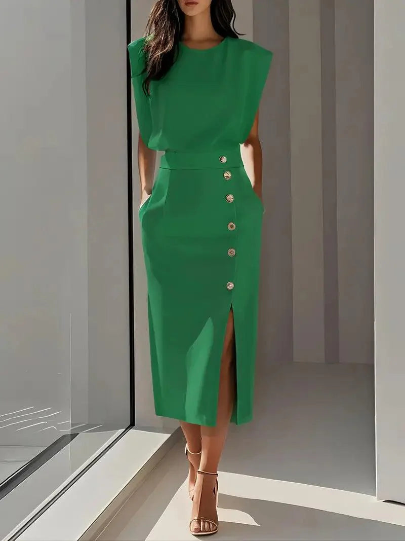 Bleistiftkleid Damen Midi Knöpfe | Ärmellos Kleid Damen Strukturiert | Kleider Damen Elegant Business