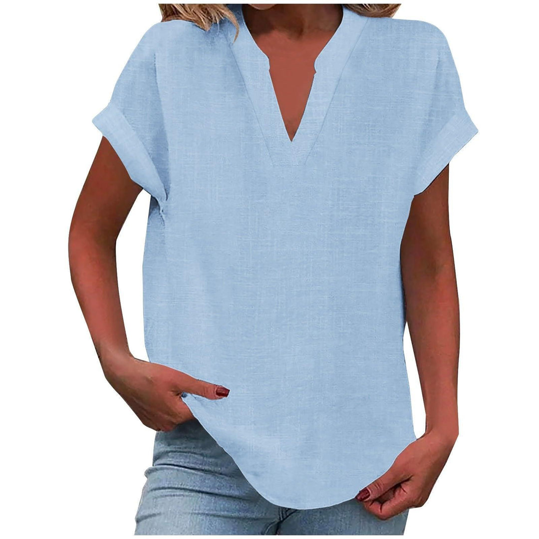 Bluse Damen V-Ausschnitt Leinen | Kurzarm Bluse Damen Locker | Sommerbluse Damen Gerippte Manschette