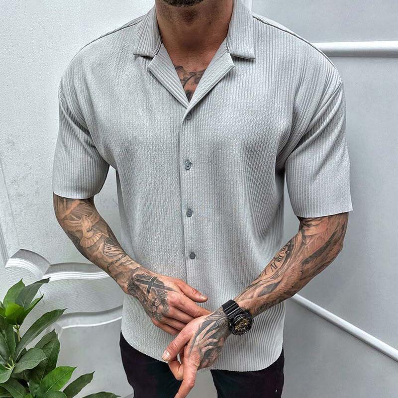 Strickhemd Herren Campkragen | Männer Rippstrick Kurzarm | Schmales Sommerhemd Knopfleiste