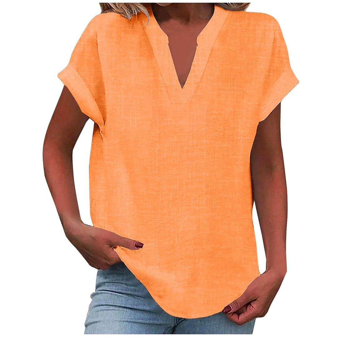 Bluse Damen V-Ausschnitt Leinen | Kurzarm Bluse Damen Locker | Sommerbluse Damen Gerippte Manschette