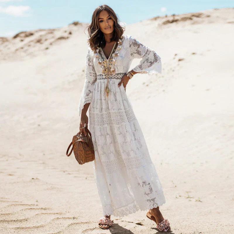Strandkleid Damen Maxi Spitze Boho | Maxikleid Damen Sommer Urlaub Langarm | Boho Kleid Damen Fliessend V-Ausschnitt
