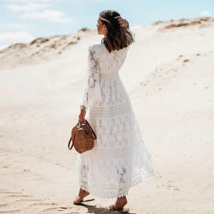 Strandkleid Damen Maxi Spitze Boho | Maxikleid Damen Sommer Urlaub Langarm | Boho Kleid Damen Fliessend V-Ausschnitt