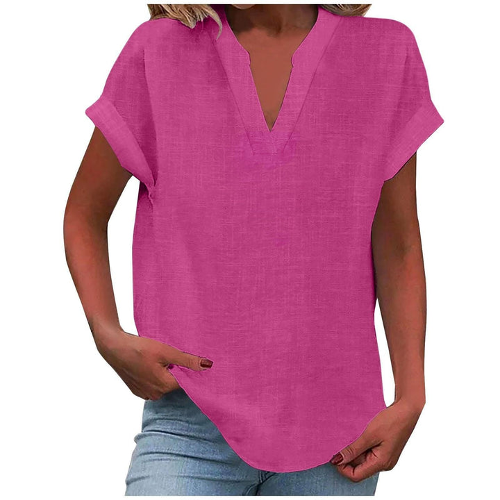 Bluse Damen V-Ausschnitt Leinen | Kurzarm Bluse Damen Locker | Sommerbluse Damen Gerippte Manschette