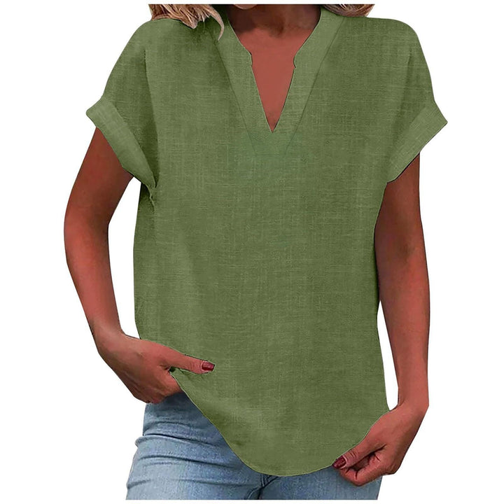 Bluse Damen V-Ausschnitt Leinen | Kurzarm Bluse Damen Locker | Sommerbluse Damen Gerippte Manschette