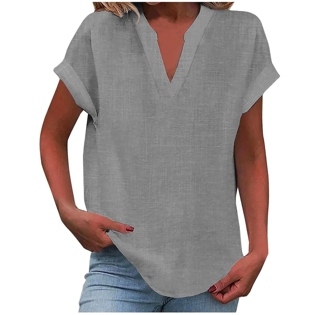 Bluse Damen V-Ausschnitt Leinen | Kurzarm Bluse Damen Locker | Sommerbluse Damen Gerippte Manschette