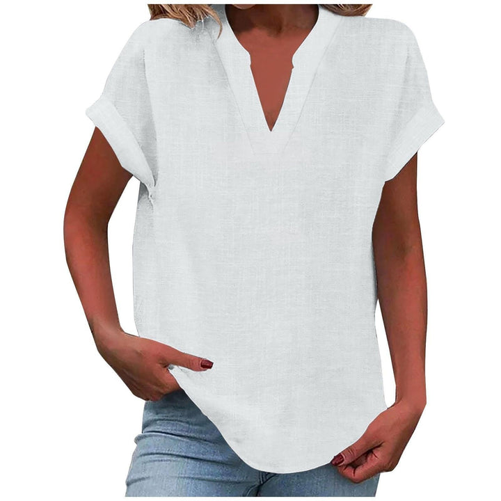 Bluse Damen V-Ausschnitt Leinen | Kurzarm Bluse Damen Locker | Sommerbluse Damen Gerippte Manschette