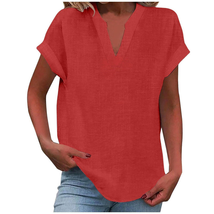 Bluse Damen V-Ausschnitt Leinen | Kurzarm Bluse Damen Locker | Sommerbluse Damen Gerippte Manschette