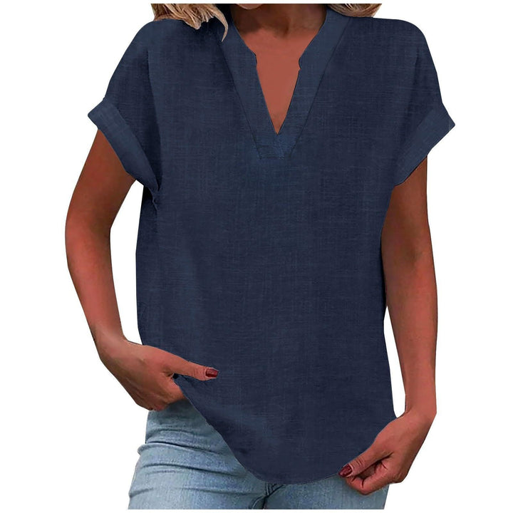 Bluse Damen V-Ausschnitt Leinen | Kurzarm Bluse Damen Locker | Sommerbluse Damen Gerippte Manschette
