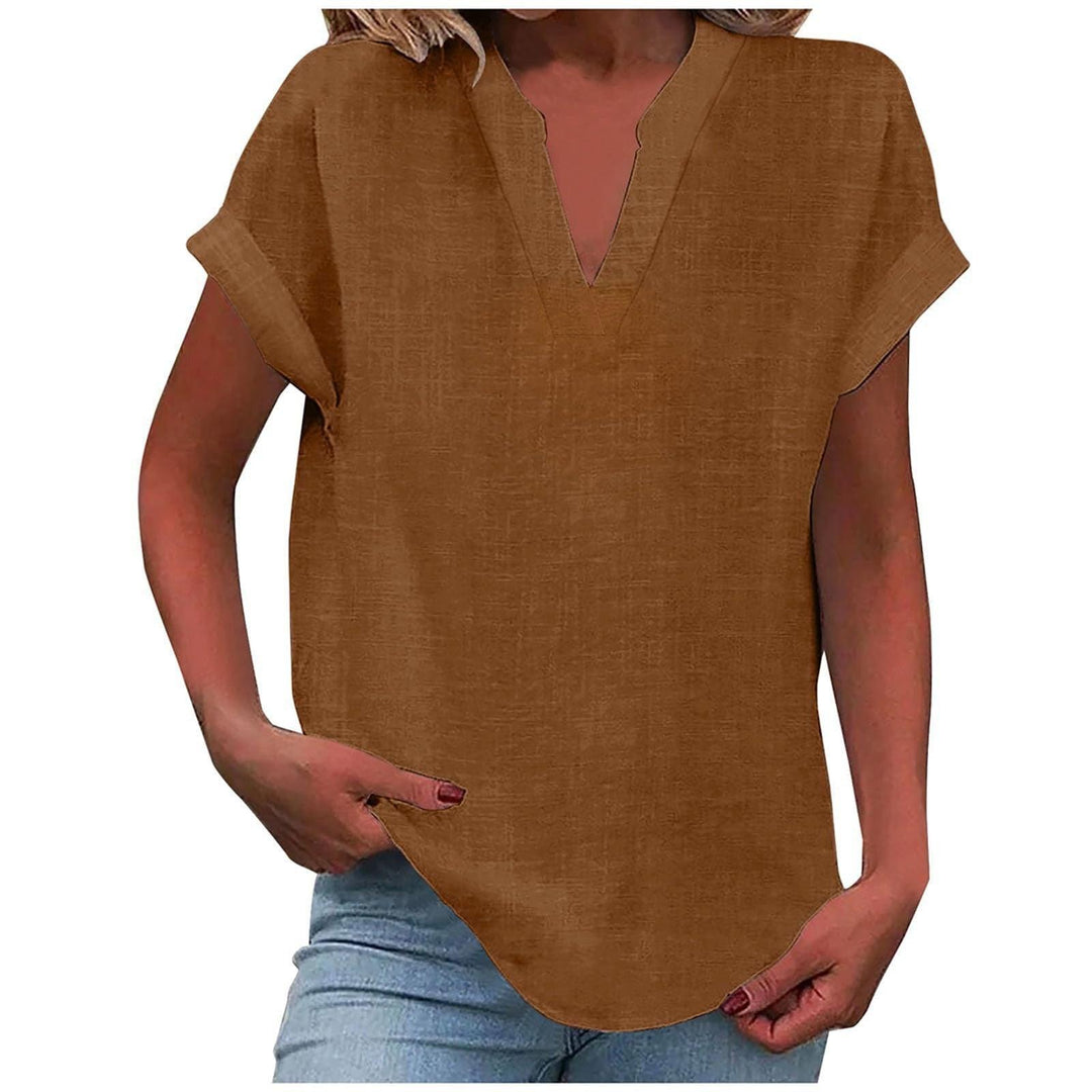 Bluse Damen V-Ausschnitt Leinen | Kurzarm Bluse Damen Locker | Sommerbluse Damen Gerippte Manschette