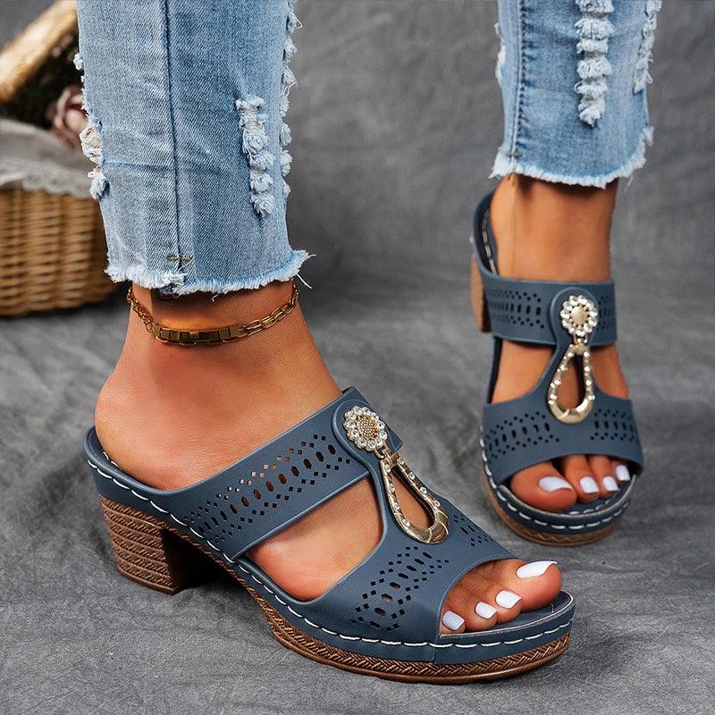 Sandalen Damen Keilabsatz Blau | Riemchen Sandalen Damen Cutout | Plateau Sandalen Damen Sommer