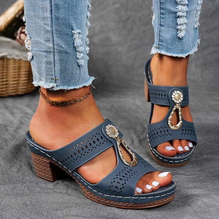 Sandalen Damen Keilabsatz Blau | Riemchen Sandalen Damen Cutout | Plateau Sandalen Damen Sommer